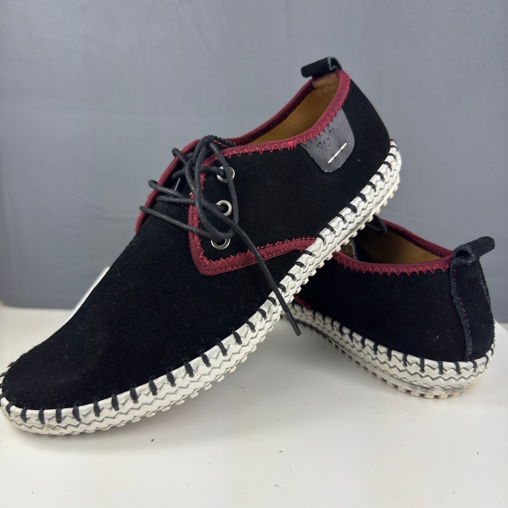Fashion Casual Shoes Mens 10 Black Suede Burgundy Trim Whipstitch Lace Up Flats